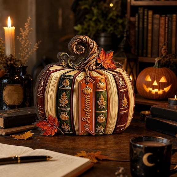Wooden Pumpkin Book Stack Ornament in Style A, 15cm Rustic Fall Decor for Bookshelf Study Desk and Library Shelf