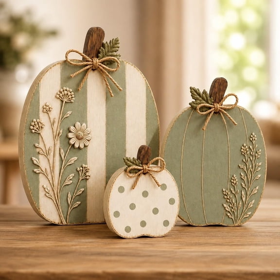 Wooden Pumpkin Decor Set, 3-Piece Sage and Cream Fall Farmhouse Decor with Raised Floral Details for Table Mantel Shelf Entryway