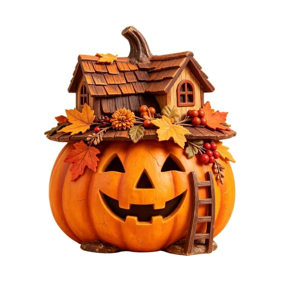 Wooden Pumpkin Decor with Rustic Roof, Autumn Leaves, and Ladder, 1 Piece, Orange, for Home Table and Shelf, Jack O Lantern Decoration