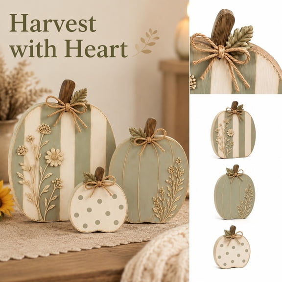 Wooden Pumpkin Decor with Sage Green and Cream Floral Designs, 3-Piece Set, Rustic Wood for Fall Table Decorations, Autumn Decorations