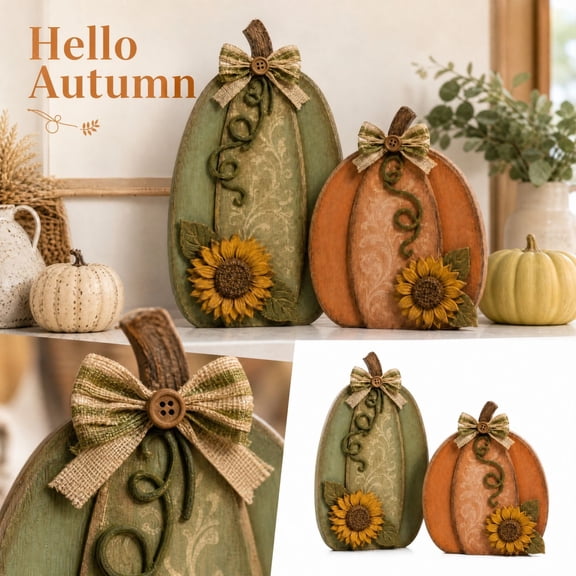 Wooden Pumpkin Decoration with Sunflower and Bowknot Design, 7.87 X 7.87 Inches, Orange and Green, for Fall Mantel and Table, Rustic Farmhouse Sign