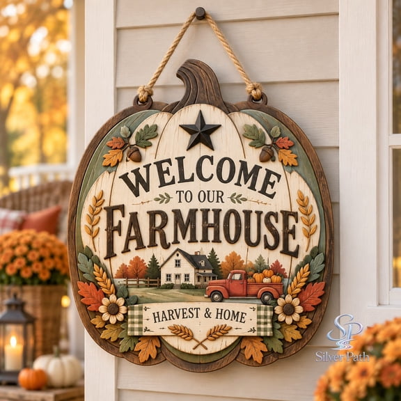 Wooden Pumpkin Door Hanger Rustic Autumn Harvest Front Porch Welcome Sign for Farmhouse Home