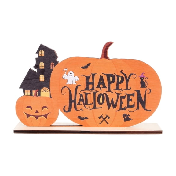 Wooden Pumpkin Ghost Tabletop Decoration with Haunted House Design for Halloween Home Desktop Ornament Display