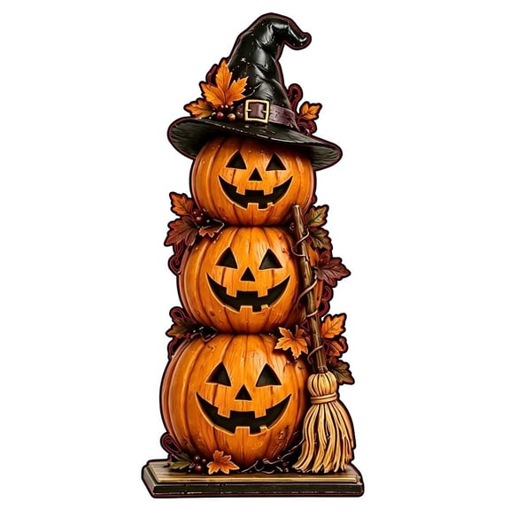 Wooden Pumpkin Halloween Tabletop Decoration, Orange Stacked Pumpkin Ornament with Witch Hats and Brooms, Freestanding Seasonal Home Decor