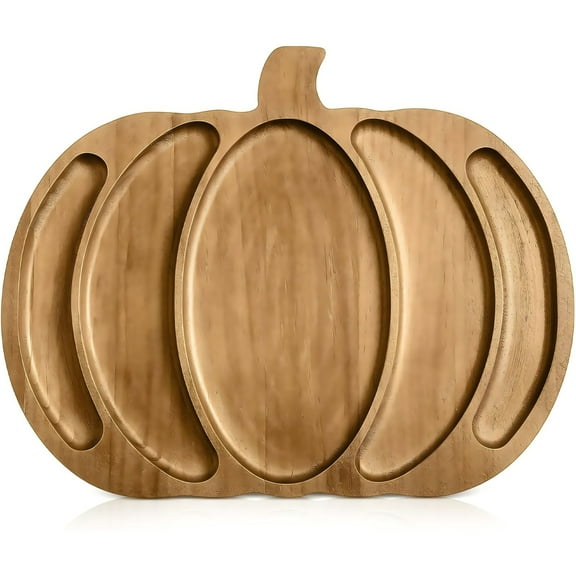 Wooden Pumpkin Shaped Serving Tray Multi Compartment Snack Fruit Cheese Divided Dinner Plate, Unique Festive Design For Holiday Gatherings Parties, Food Safe Natural