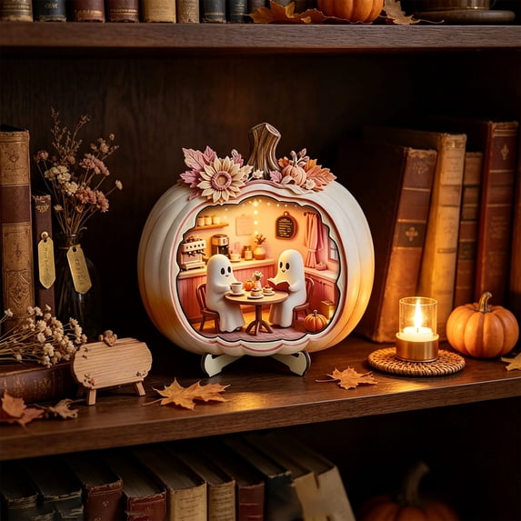 Wooden Pumpkin Sign Tabletop Decoration with Cute Ghost Bath Scene, 2D Halloween Centerpiece Sign for Fall Thanksgiving Farmhouse Kitchen Harvest Tiered Tray Decor