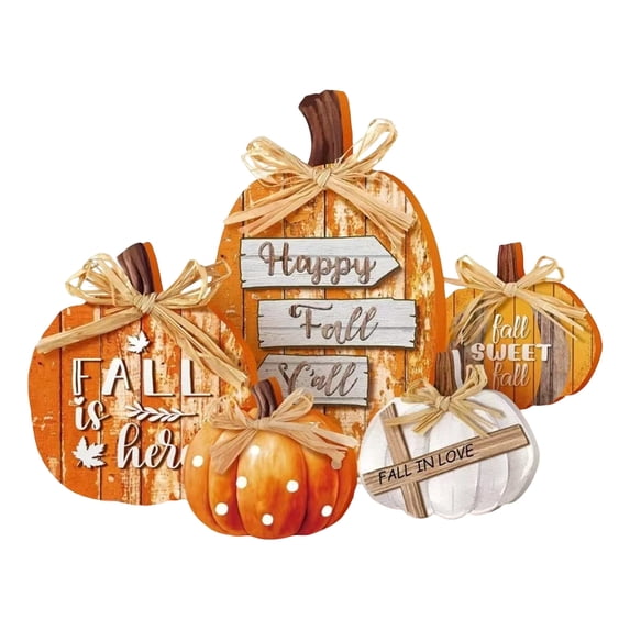 Wooden Pumpkin Signs with Rustic Farmhouse Design and Burlap Bows, Set of 5, Orange and White, for Indoor Tabletop and Wall Display, Fall Decorations