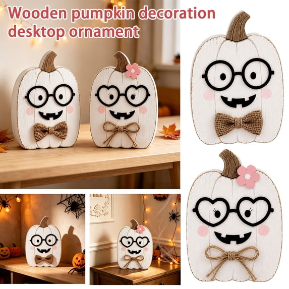 Wooden Pumpkin Tabletop Decoration, Glasses-Wearing Couple Figurine for Bedroom, Holiday Party Home Decor, Festive Autumn Table Centerpiece, 1Pack A