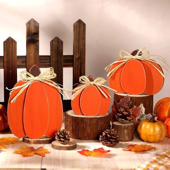 Wooden Pumpkin Tiered Tray, Stylish Table Centerpiece, Classic Wooden Block Sign, Beautiful 3-Piece Set for Dining Table and Thanksgiving Home Interior Decoration, Orange