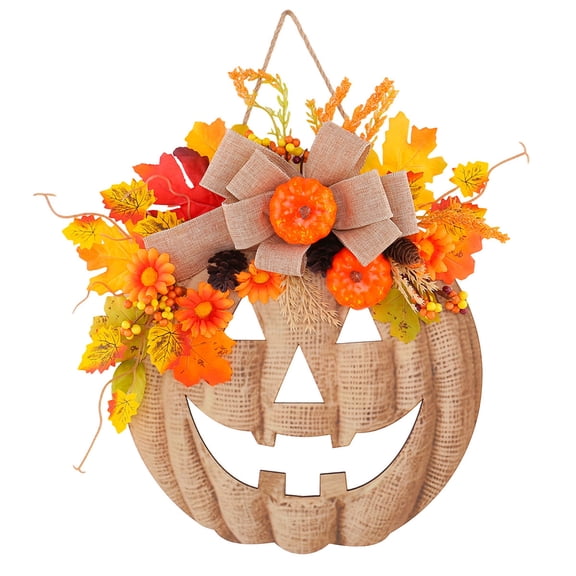 Wooden Pumpkin Wall Decor with Burlap Ribbon, Faux Floral Foliage and Pumpkin Accent for Halloween Door Decor and Fall Entryway Window Display
