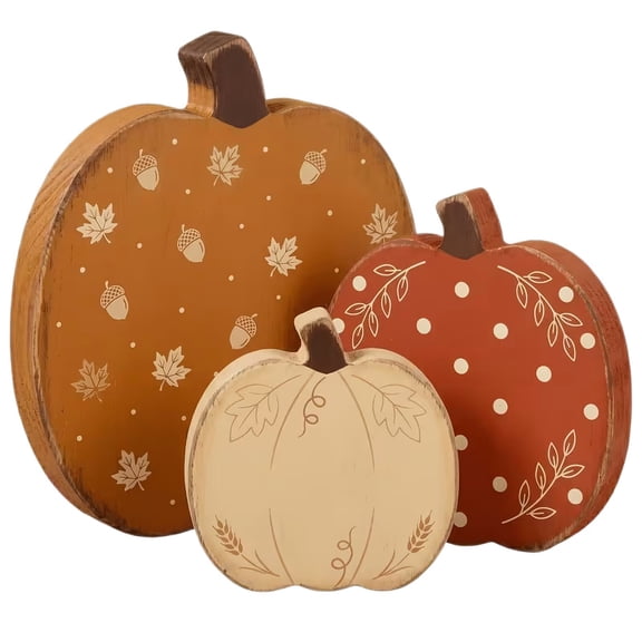 Wooden Pumpkins Fall Table Decor, Farmhouse Autumn Harvest Thanksgiving Tiered Tray Decor