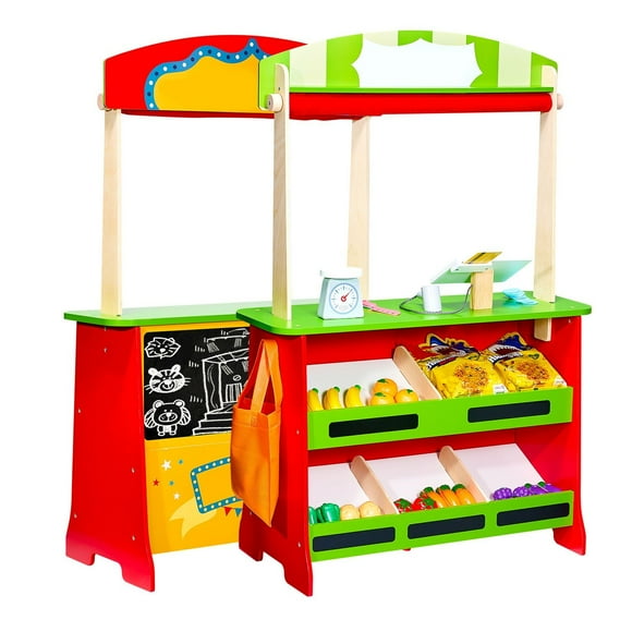 Wooden Puppet Theater 2-in-1 Reversible Play Store Play Market Stand
