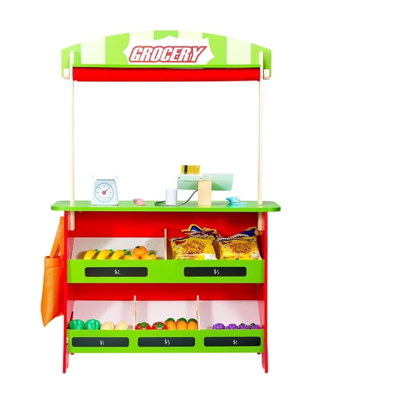 Wooden Puppet Theater Grocery Store Playset, 2-in-1 Reversible Pretend Play Stand with Chalkboard Cash Register, 35 Accessories, Interactive Mini Toy for