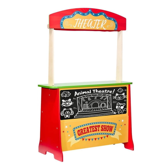 Wooden Puppet Theater with Curtains, 2-in-1 Reversible Play Store, Double-Sided Grocery Store Playset