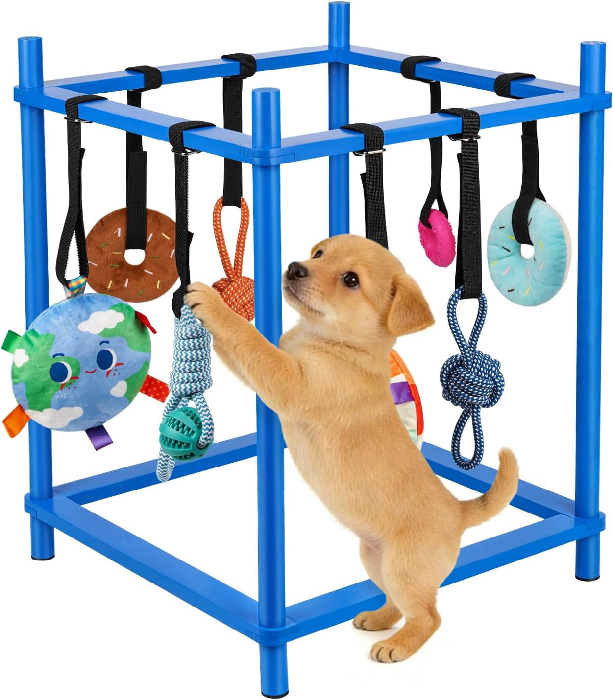 Wooden Puppy Play Gym for Small Dogs, Puppy Jungle Gym with 8 Hanging Toys, Wood Frame Indoor Puppy Gym with Dog Enrichment Toys for Puppies and Small Pets