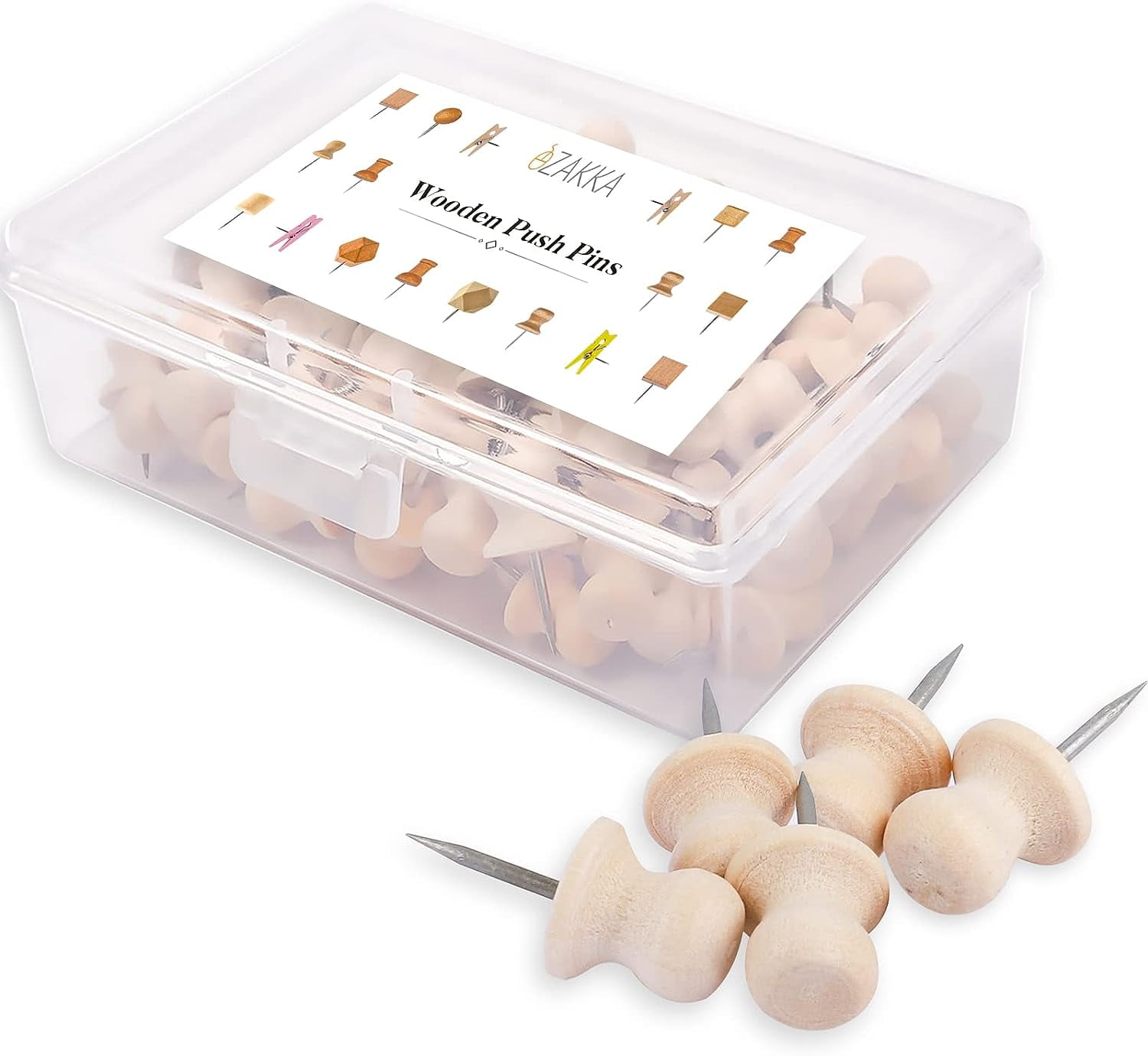 eZAKKA 100pcs Wood Push Pins, Decorative Thumb Tacks for Boards, Maps ...