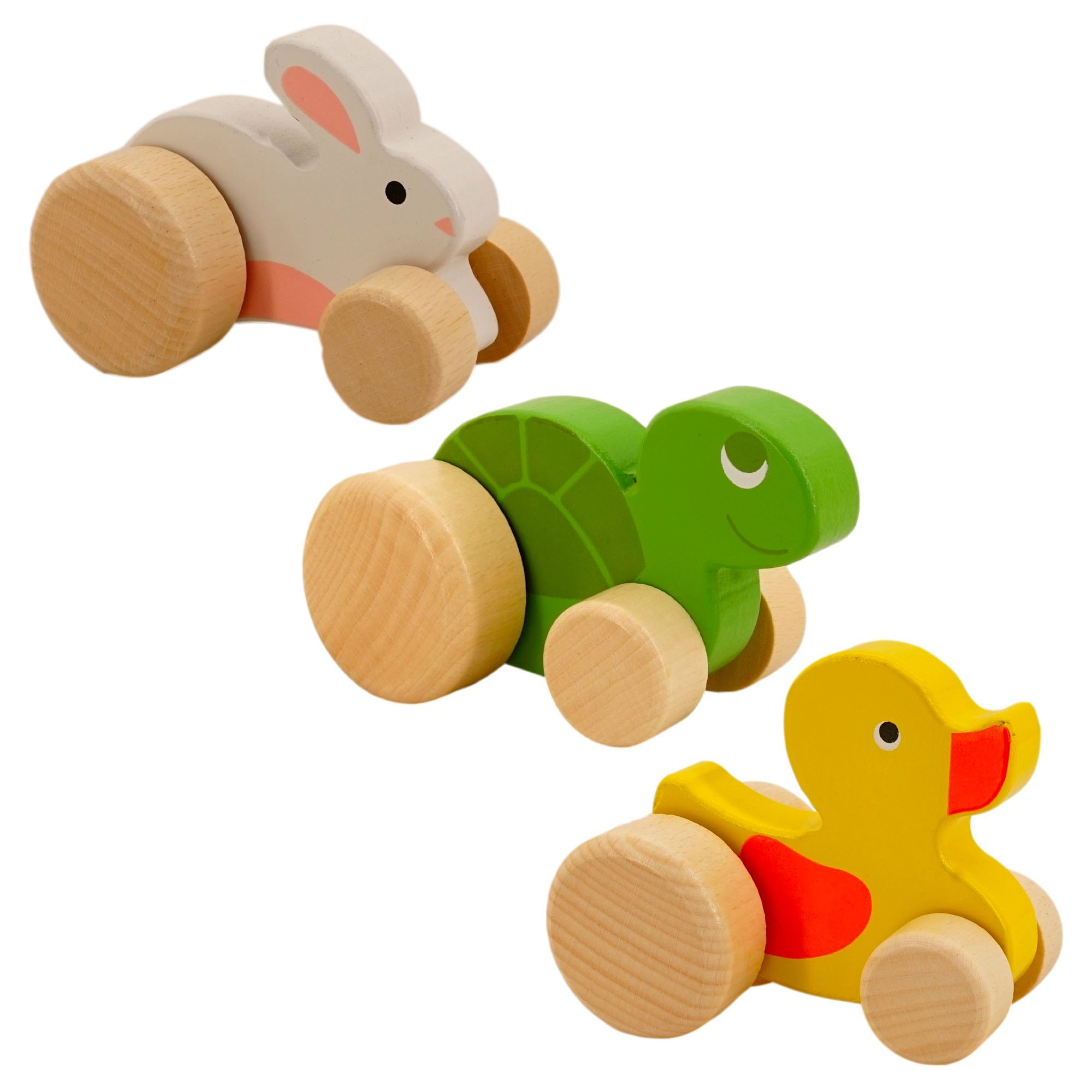 Wooden Push Pull Toys (3 Pack, Rabbit, Duck, Turtle, 4.5 in tall) Up Down  Motion Animals Rolling Stuffers Toddlers and Children 