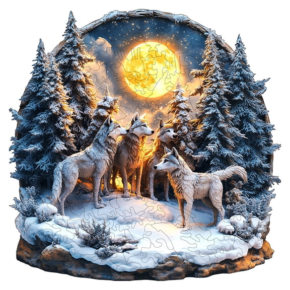 Wooden Puzzle Forest Wolf & Full Moon - 3D Style, Precision Laser Cutting, UV Printing, Size L/M, Difficulty 5A