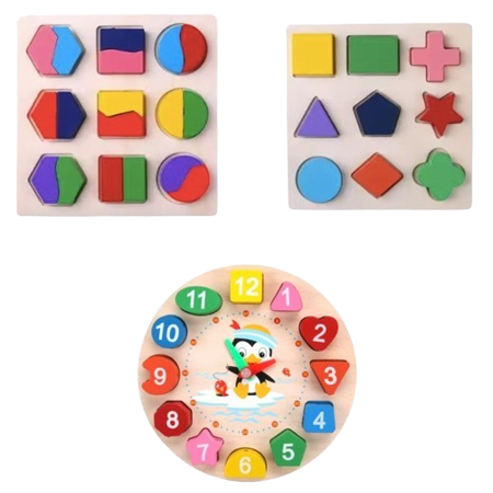 Wooden Puzzle Learning Set, Color Shape Time-Telling, Developmental, 3-Piece