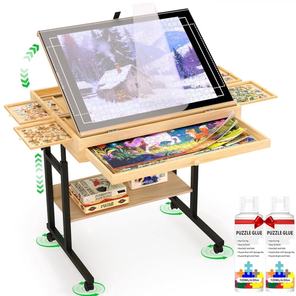 QDKGH Wooden Puzzle Table with Drawers for 1500 Piece Puzzles Adjustable Height Felt Surface Lockable Wheels 1 Pack 33.8x 25.55 Inch