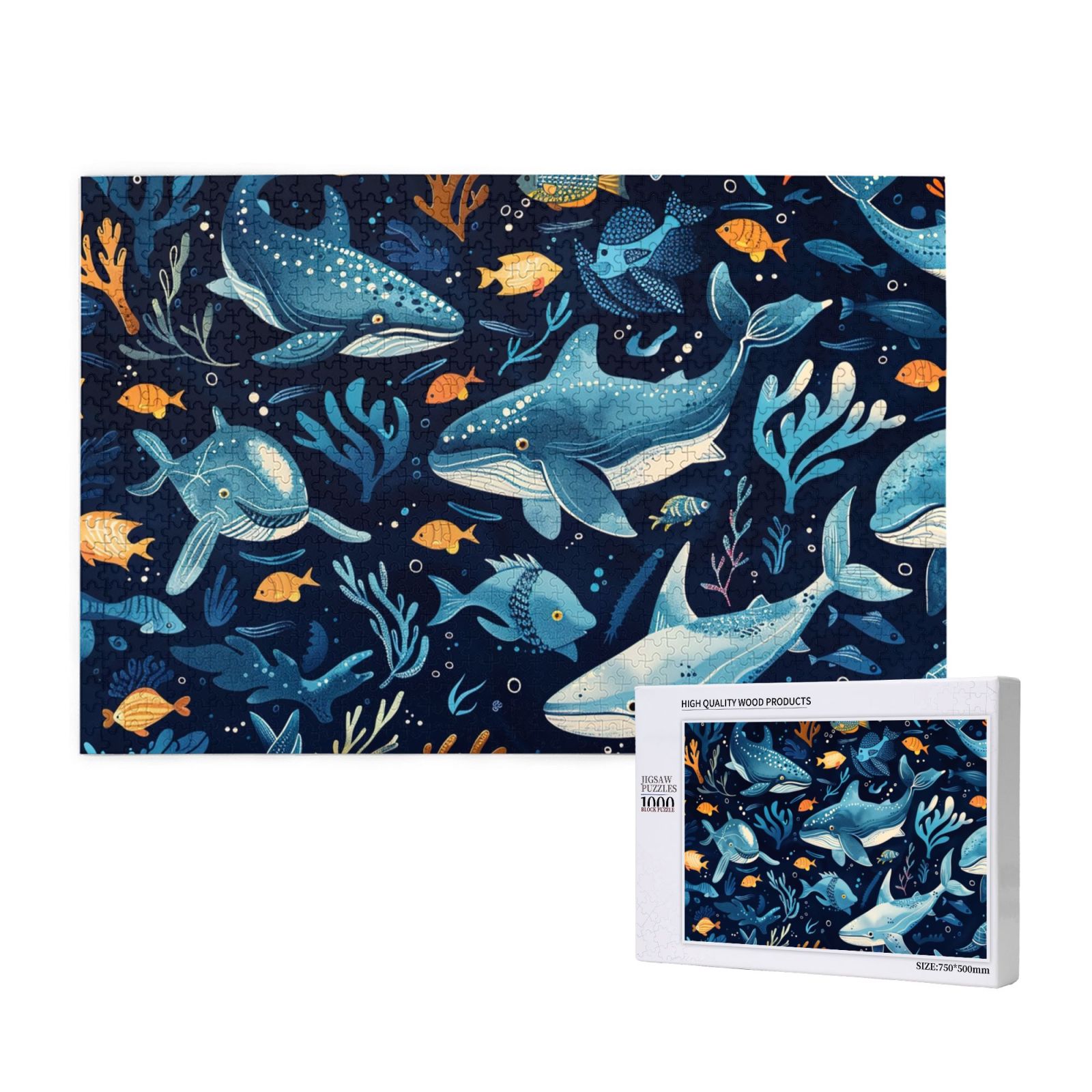 Wooden Puzzles for Adults 1000 Pieces, Playful Whales Underwater Scene ...