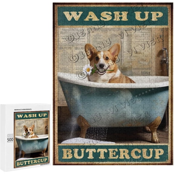Wooden Puzzles for Adults, Corgi Wash Up Buttercup Wooden Jigsaw Puzzles, 500 Piece Puzzles for Adults,Wooden Jigsaw Puzzles for Family Activities Games