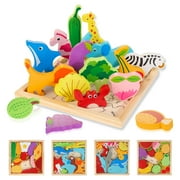 Wooden Puzzles for Kids, 4 Packs Montessori Learning Toy Gifts for Preschoolers Age 3+, 3D Multi-Theme Animals Fruits Food Jigsaw Puzzles for Boys & Girls