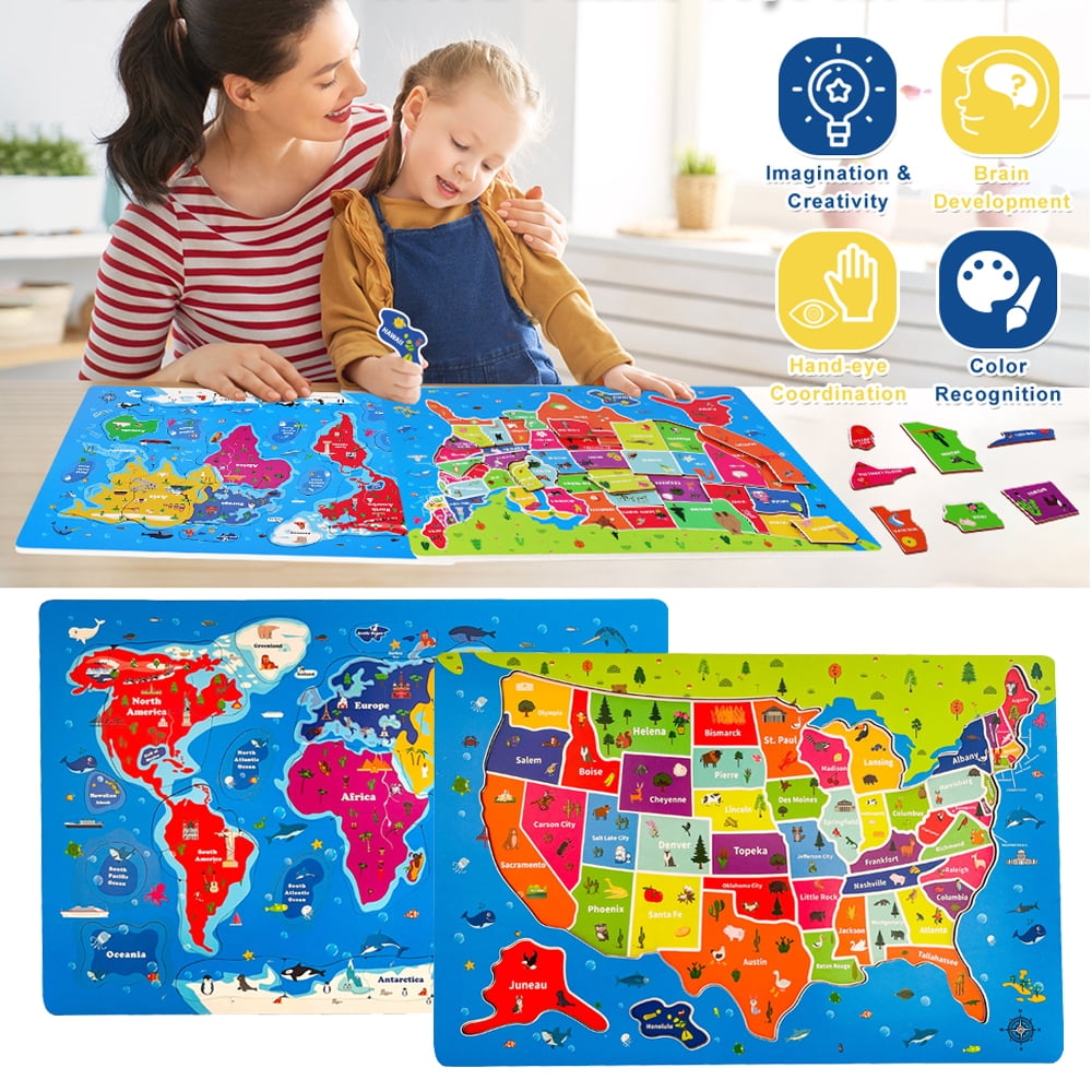 Puzzles for Kids Ages 4-8 180 Pieces World Map Puzzle Retro 8-bit Gaming Style Kids Puzzles with 50 Famous People to Find! Made Using 100% Recycled Cardboard Kids Toys - by