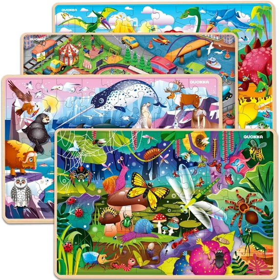 QUOKKA Wooden Jigsaw Puzzles 4-Pack – 60 Piece Learning Puzzles for Kids Ages 4-8 with Animals, Dinosaurs & City Themes