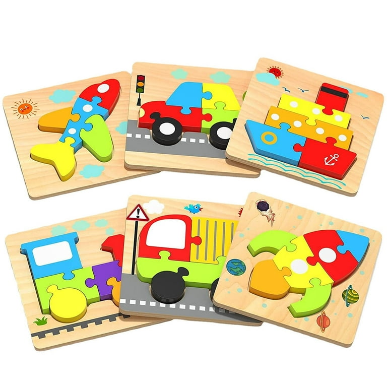 Educational Learning Wood Toys 6 Pack Bright Color Montessori Toddler Vehicle Puzzles for 1 3 Year Olds Walmart