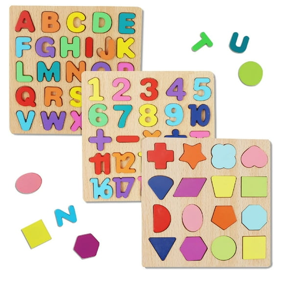 Wooden Puzzles for Toddlers,Wooden ABC Alphabet Number Shape Puzzles Toddler Learning Puzzle Toys for Kids 1-3 Years Old Boys & Girls,3 in 1 Montessori Early Education Puzzle for Toddlers