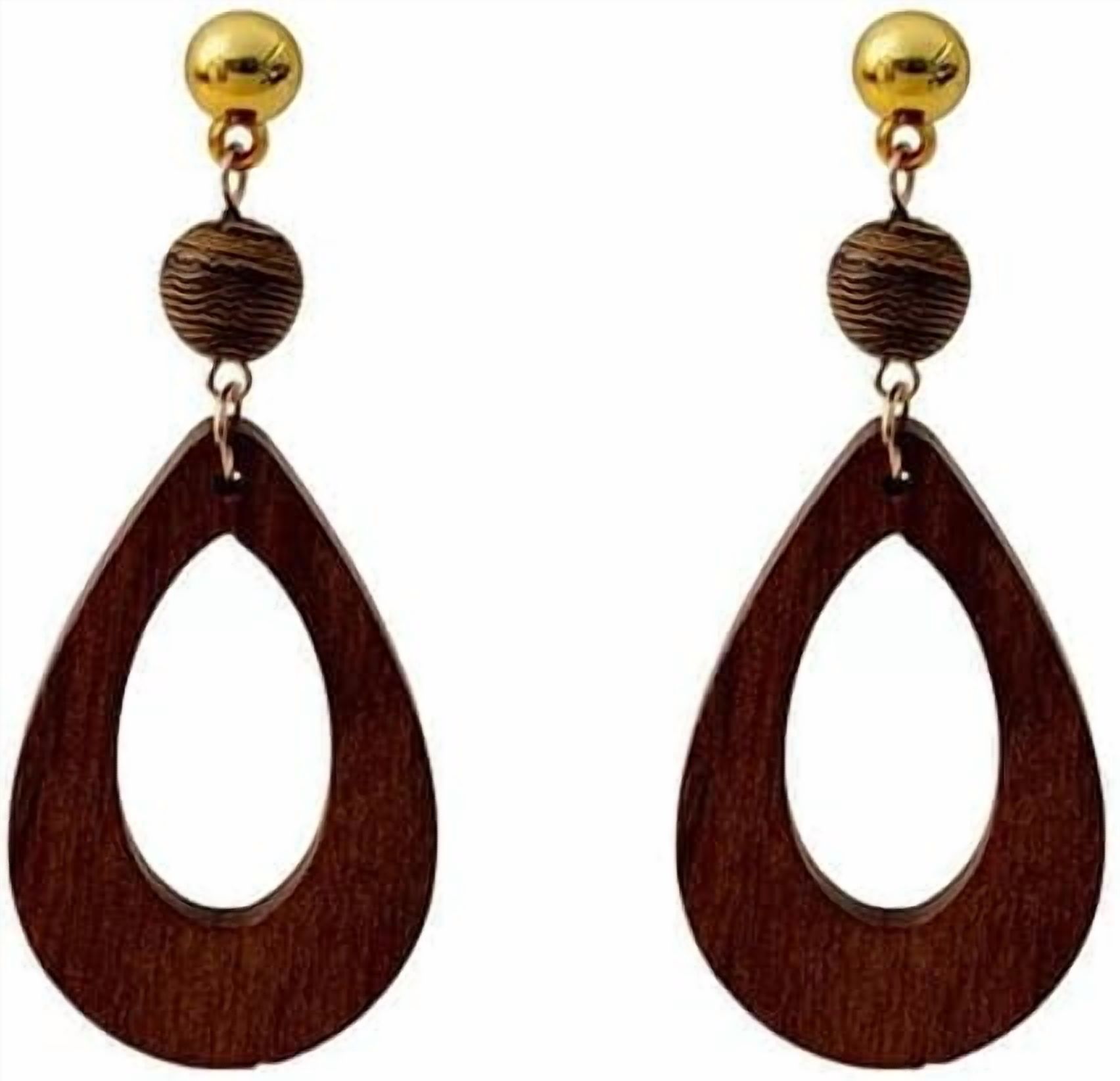 Wooden Quality Teardrop Dangle Earrings, Brown Thread Ball, Gold Stud, Vintage Style[m161]