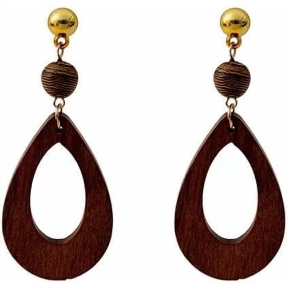 Wooden Quality Teardrop Dangle Earrings, Brown Thread Ball, Gold Stud, Vintage Style[m161]