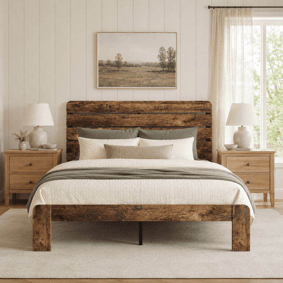 Wooden Queen Bed Frame with 49.9" Tall Headboard, Rustic Farmhouse Platform Bedframe with Wood Slat Support, No Box Spring Needed, Sturdy and Noise Free, Easy Assembly, Brown