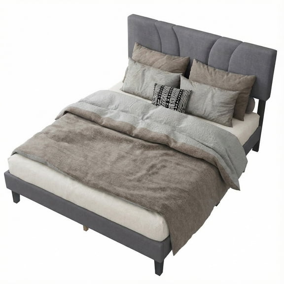 Wooden Queen Bed Frame, Solid Rubber Wood Platform Bed Frame Queen Size 81.5x61.4x42.1in with Slats Headboard for Bedroom Modern Minimalist Decor