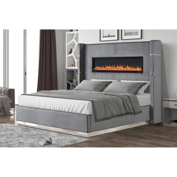 Wooden Queen Bed With 6-color Fireplace And Speakers In Gray 6 Different Color Velvet
