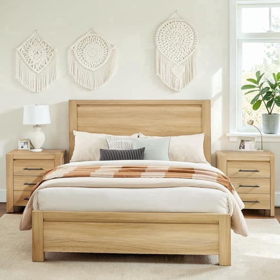 Wooden Queen Size Bed Frame with Headboard, Modern Farmhouse Platform Bedframe with Wood Slats Support, Natural Oak