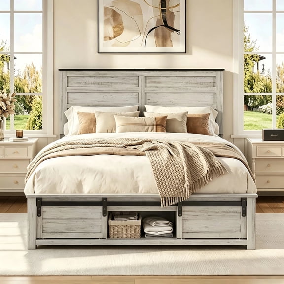Wooden Queen Size Bed Frame with Headboard & Sliding Barn Door Storage Footboard, Boho Farmhouse Platform Bedframe with Charging Station and LED Lights, No Box Spring Needed, Dark Brown