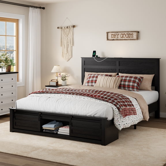 Wooden Queen Size Bed Frame with Headboard & Sliding Barn Door Storage Footboard, Boho Farmhouse Platform Bedframe with Charging Station and LED Lights, No Box Spring Needed, Black