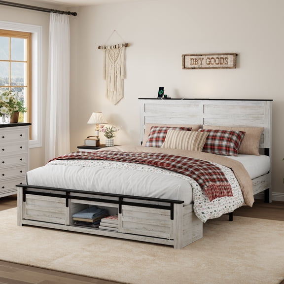 Wooden Queen Size Bed Frame with Headboard & Sliding Barn Door Storage Footboard, Boho Farmhouse Platform Bedframe with Charging Station and LED Lights, No Box Spring Needed, White