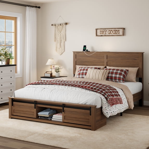 Wooden Queen Size Bed Frame with Headboard & Sliding Barn Door Storage Footboard, Boho Farmhouse Platform Bedframe with Charging Station and LED Lights, No Box Spring Needed, Brown