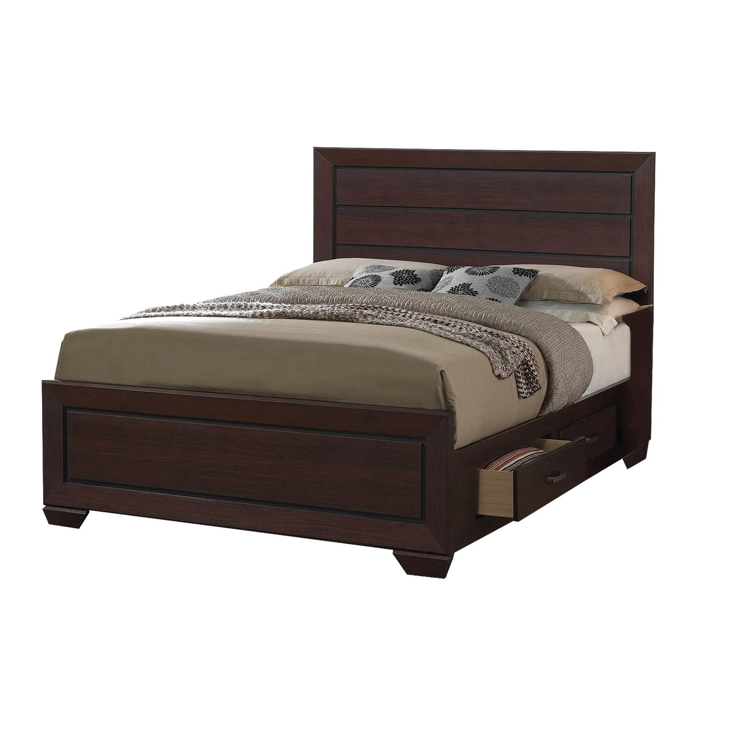 Benjara Wooden Queen Size Bed with 4 Spacious Side Rail Drawers, Dark Brown