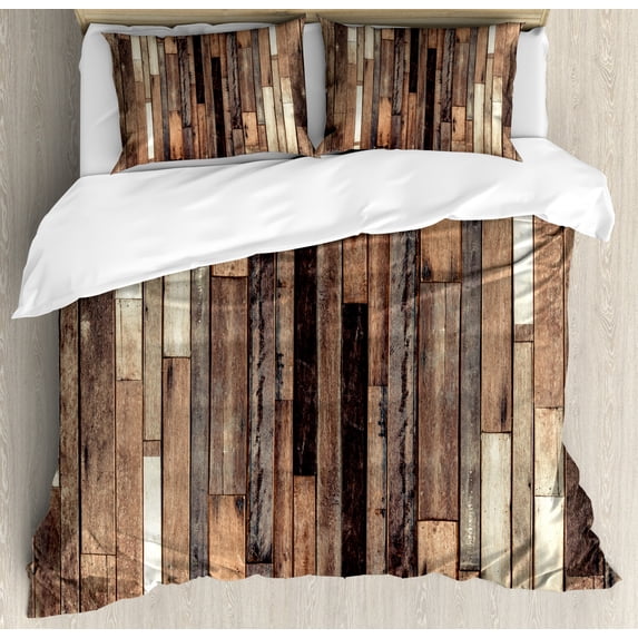 Wooden Queen Size Duvet Cover Set, Brown Old Hardwood Floor Plank Grunge Lodge Garage Loft Natural Rural Graphic Artsy Print, Decorative 3 Piece Bedding Set with 2 Pillow Shams, Brown, by Ambesonne