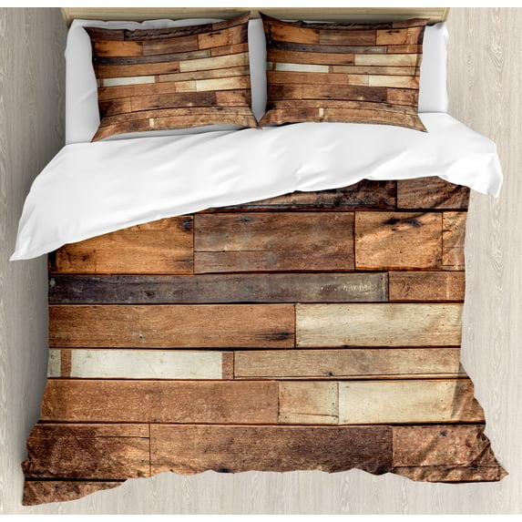 Wooden Queen Size Duvet Cover Set, Rustic Floor Planks Print Grungy Look Farm House Country Style Walnut Oak Grain Image, Decorative 3 Piece Bedding Set with 2 Pillow Shams, Brown, by Ambesonne