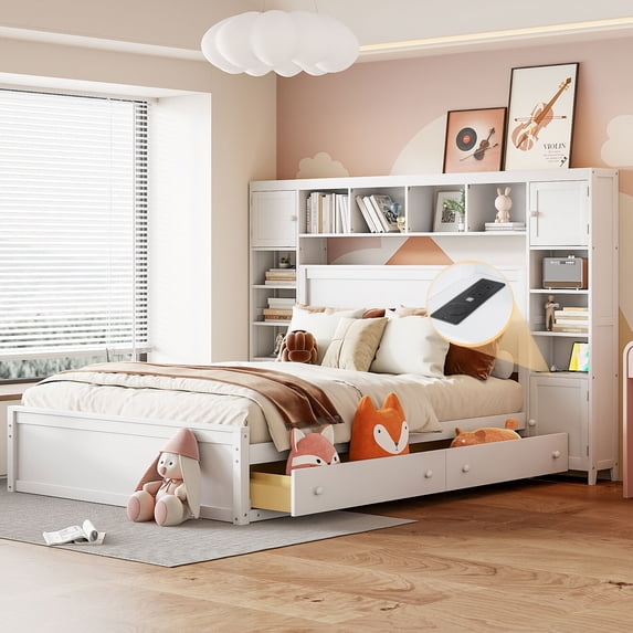 Wooden Queen Size Platform Bed with All-in-One Cabinet and Shelf, Modern Platform Bed with 4 Drawers, 10 Shelves and 4 Cabinets, No Box Spring Needed, White