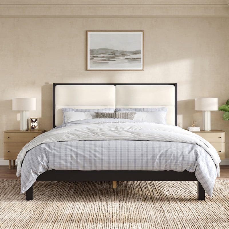 Wooden Queen Size Platform Bed with Velvet Upholstered Headboard, Low-Profile Bed Frame with Slat Support No Box Spring Needed