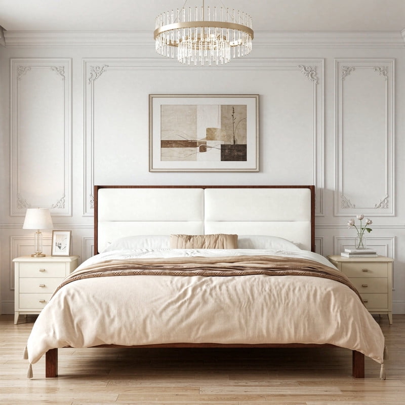 Wooden Queen Size Platform Bed with Velvet Upholstered Headboard, Low-Profile Bed Frame with Slat Support No Box Spring Needed