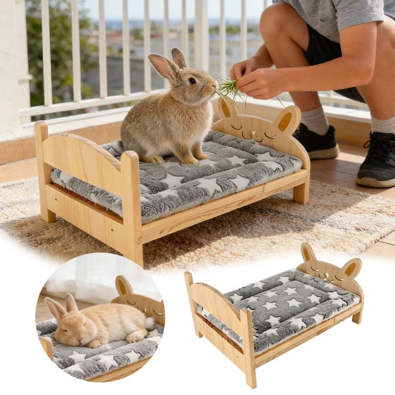 Wooden Rabbit Bed with Removable Soft Cushion Cartoon Bunny Cage Sofa for Guinea Pigs Hedgehogs Chinchillas Small Pet Owners