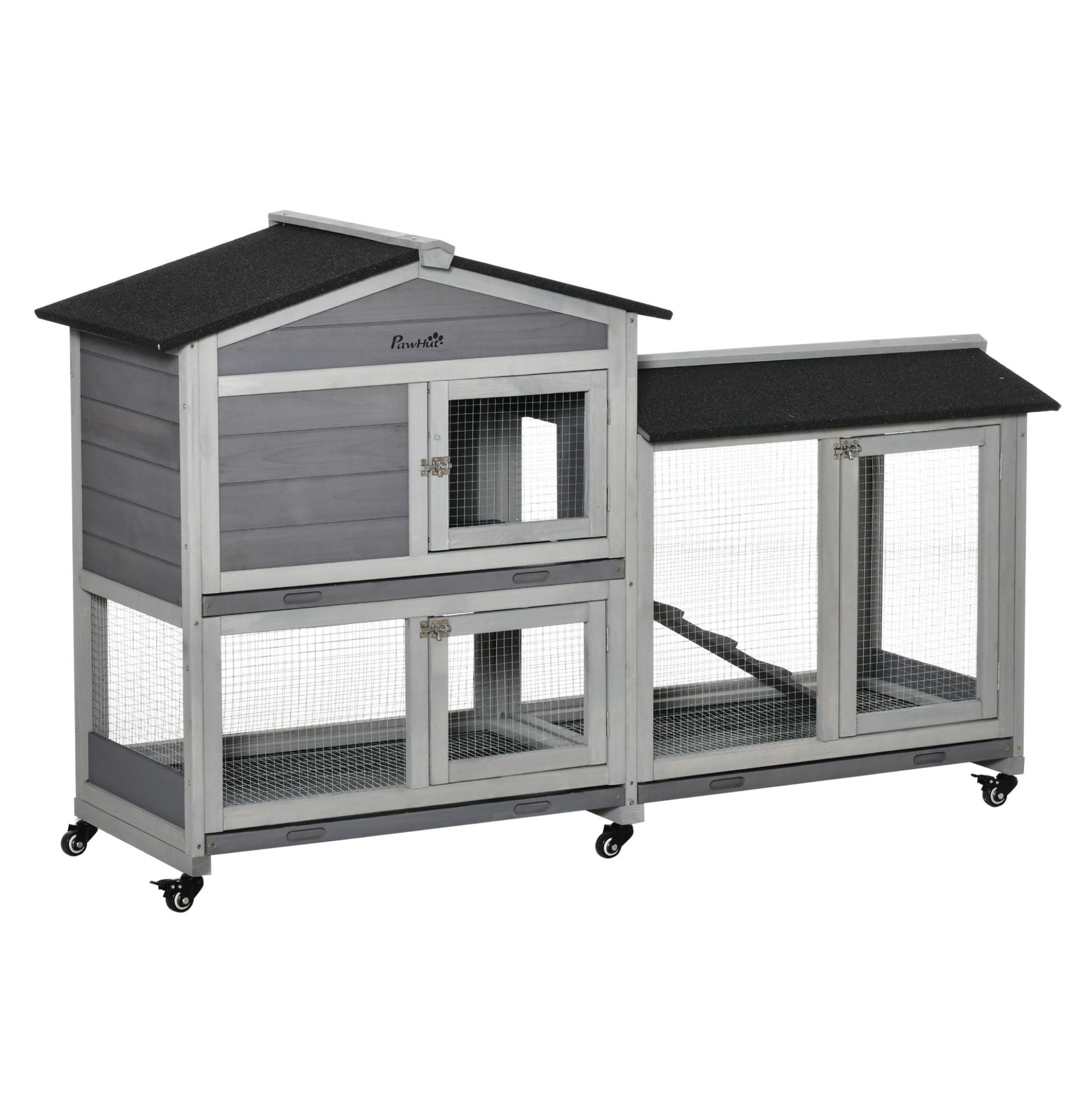 Wooden Rabbit Hutch 62" with Wheels Light Gray Bunny Cage Pet Playhouse Indoor Outdoor