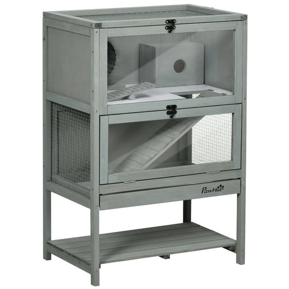 Wooden Rabbit Hutch Bunny Cage Pet Playpen House Enclosure with Double Side Run Boxes, No Leak Tray, Ramp, for Guinea Pig and Small Animals, Light Gray